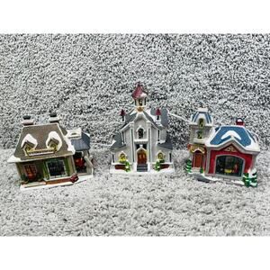 Christmas Winter Victiorian Set of 3 Lighted Buildings Station Church Soda Shop